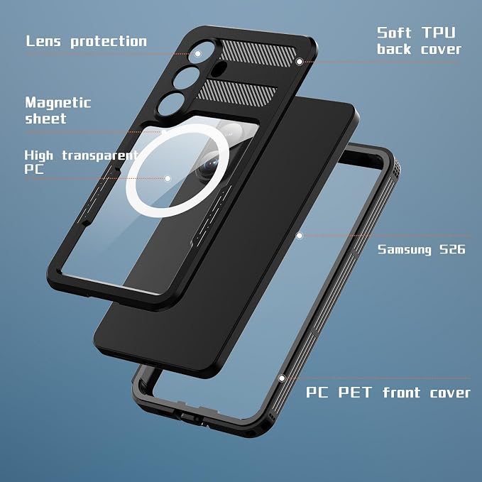 Omio Designed for Galaxy S26 Waterproof Case Compatible with MagSafe, Magnetic Waterproof Full Body IP68 Underwater Case Built-in Screen Protector Military Grade Shockproof Case for Men Women Black