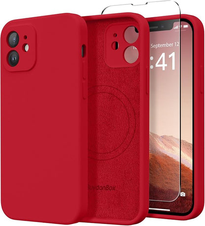 Magnetic for iPhone 12 Case, Compatible with MagSafe, [Full Camera Protection][Screen Protector] Silicone Shockproof Protective Phone Case for iPhone 12 6.1", Red