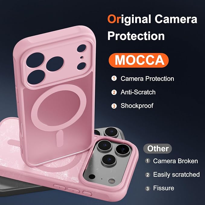 MOCCA Magnetic for iPhone 17 Pro Case, (Compatible with Magsafe) (16FT Military Grade Protection) Full Camera Protection Anti-Fingerprint Slim Translucent Matte Phone Cover 6.3",Pink