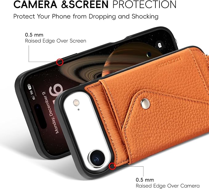 LUCKYCOIN for iPhone Air Crossbody Wallet Case – Genuine Leather Phone Purse with Adjustable Strap and Card Holder,Lanyard Phone Purse Case for Women,Pebble Grain Brown