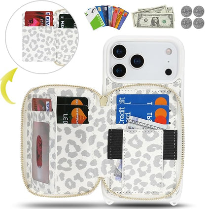 Crossbody Wallet Case for iPhone 17 Pro Max, PU Leather Zipper Handbag Purse Flip Cover, Kickstand Folio Case with Card Slots Holder Wrist Strap Lanyard 5G 6.9 Inch-White Leopard
