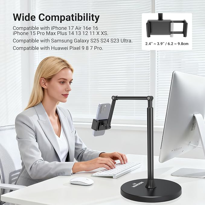 NEEWER Entry Level Version Phone Floor Stand, Adjustable Office Table Bedside Cell Phone Holder Clamp Holder Mount Compatible with iPhone Samsung Android for Video Recording, Weighted Metal Base, X9