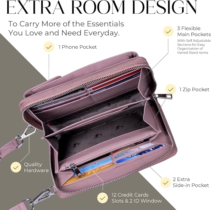 BULL GUARD Crossbody Leather Wallet Phone Purse, Anti Theft and RFID Blocking, Elegant Design for Travel