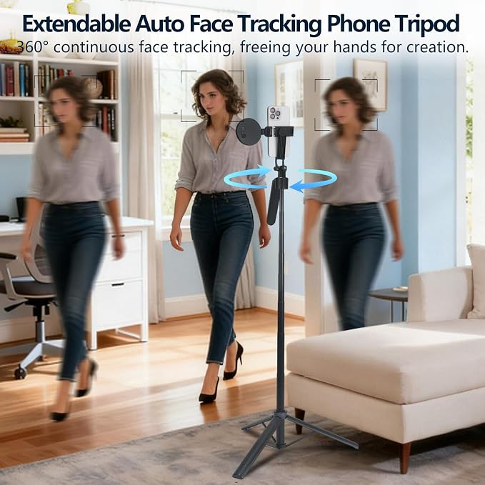 Extendable Auto Face Tracking Tripod for iPhone with Light, No App, 360° Rotation Selfie Stick for iPhone/Android, Smart AI Facial Recognition, Cameraman Shooting for Video, Vlog, Live Stream