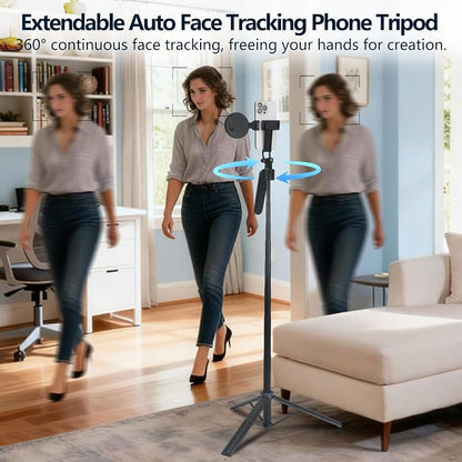 Extendable Auto Face Tracking Tripod for iPhone with Light, No App, 360° Rotation Selfie Stick for iPhone/Android, Smart AI Facial Recognition, Cameraman Shooting for Video, Vlog, Live Stream