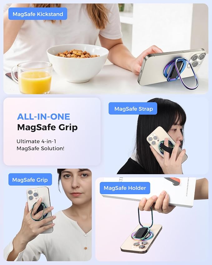 [2025 Newest] SUPERONE for Magsafe Phone Grip for Magnetic Kickstand Compatible with Mag Safe Finger Loop, 4-in-1 Phone Ring Holder Strap for Magnetic iPhone 17/16/15/14/13/12 (Silver)