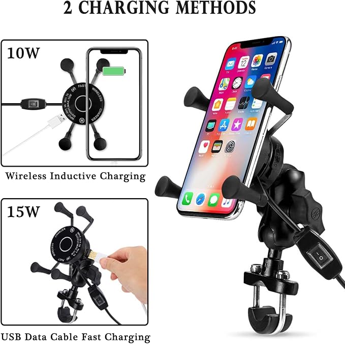 15W Fast Charging Adapter, Wireless Qi Motorcycle Phone Holder with 4 Jaw Mechanical Locking, 360° Rotating Aluminum Alloy, Compatible with 3-7 inch Smartphones
