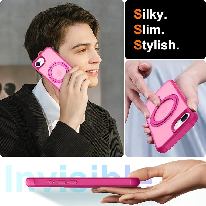 360° Magnetic Swivel Ring for iPhone 16E & 17E Case, Built-in Metal Stand and Ring Holder, Magsafe Compatible, Military Grade Protection, Shock and Vibration Resistant - Rose Pink