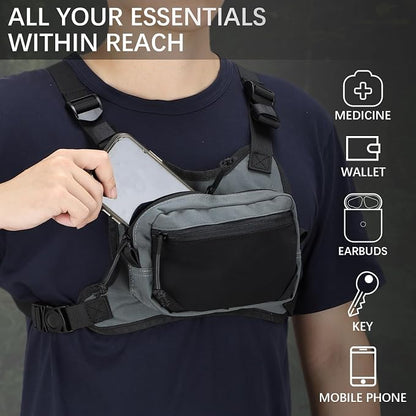 MGFLASHFORCE Chest Bag for Men and Women, Chest Rig Pack Front EDC Pouch Running Vest Phone Holder for Workout, Hiking and Outdoor Sports (Blue)