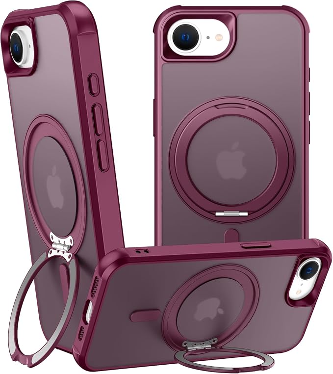 360° Magnetic Swivel Ring for iPhone 16E & 17E Case, Built-in Metal Stand and Ring Holder, Magsafe Compatible, Military Grade Protection, Shock and Vibration Resistant - Wine Red