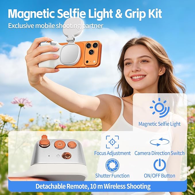 Magnetic Phone Camera Grip, Fun Shot Magnetic Camera Grip & Selfie Light for iPhone & Android with Wireless Shutter Button, Creator Kit for TikTok/Selfies/Photography/Video