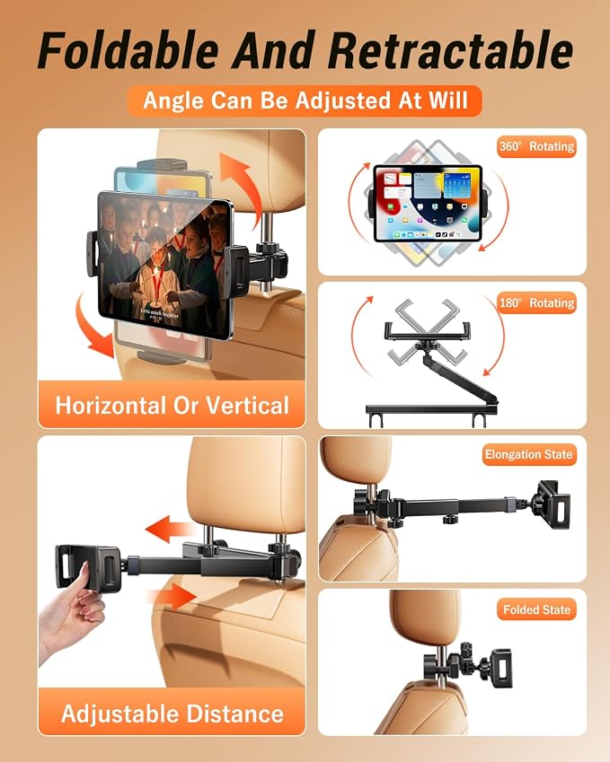 Extension Arm Tablet Holder for Car Headrest Adjustable iPad Holder for Car Backseat Rear Facing for Kids Baby, Car Mount Fit 4.7"-13" Cell Phone iPad mini Air Pro 12.9 Switch Fire Tablet
