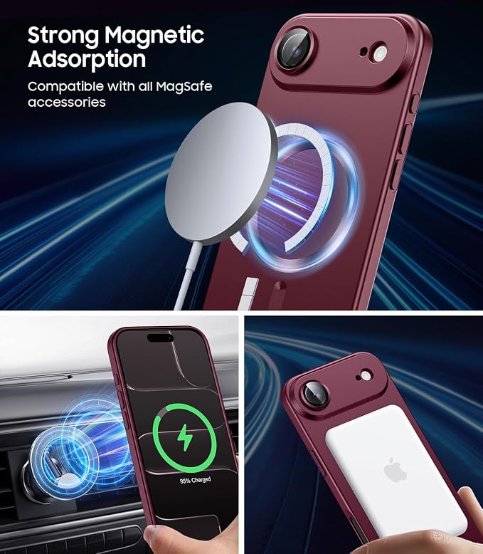 Magnetic for iPhone Air Case, Compatible with MagSafe, Built-in Camera Lens Protector, Slim Thin Soft Silicone Bumper Shockproof Metallic Luster Phone Case for iPhone 17 Air (Burgundy Red)