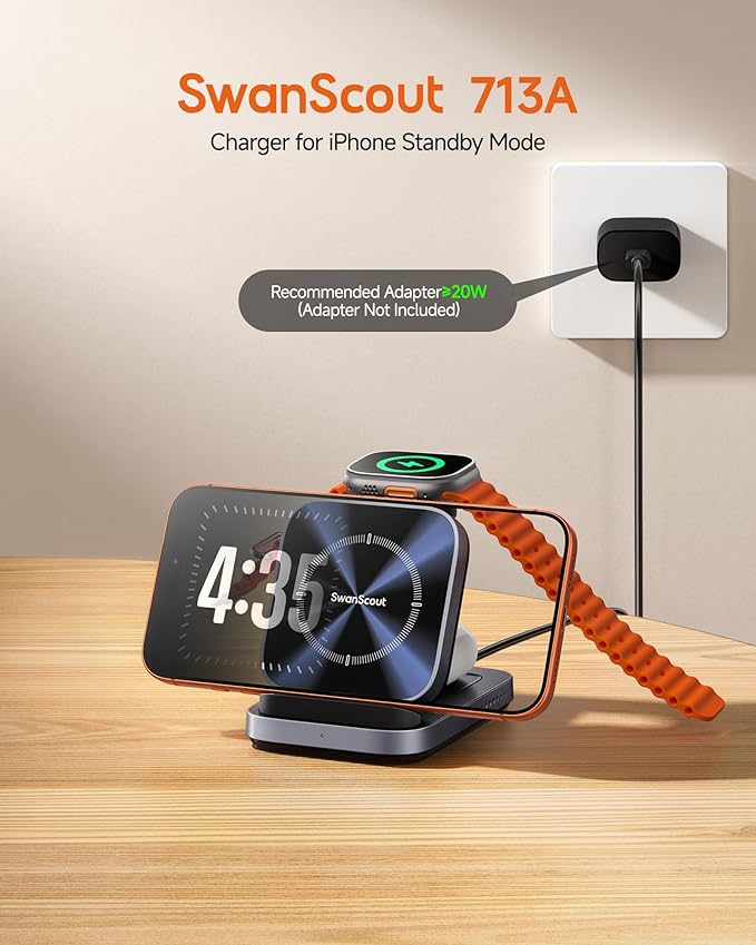 iPhone Standby Mode Wireless Charger for iPhone 17-14 Series (Horizontal Only), Foldable 3-in-1 Charging Station for Apple Watch Ultra 2/11/10/9/8 & AirPods 4/Pro 3/Pro 2, SwanScout 713A (No Adapter)