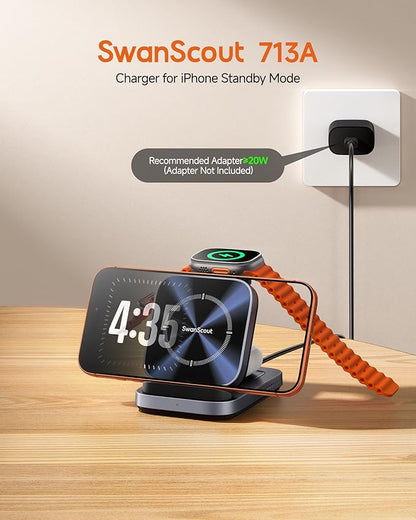 iPhone Standby Mode Wireless Charger for iPhone 17-14 Series (Horizontal Only), Foldable 3-in-1 Charging Station for Apple Watch Ultra 2/11/10/9/8 & AirPods 4/Pro 3/Pro 2, SwanScout 713A (No Adapter)