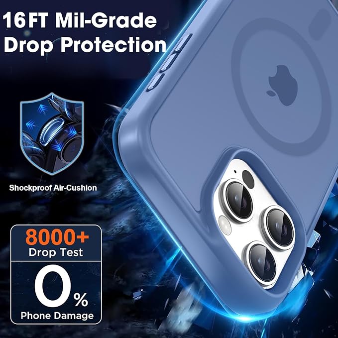 MOCCA Strong Magnetic for iPhone 16 Pro Max Phone Case, [Compatible with Magsafe][16FT Mil-Grade Drop Protection] Slim Thin Translucent Matte Protective Cover Case for iPhone 16 Pro Max Case, Blue
