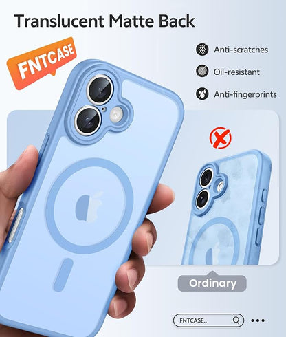 FNTCASE for iPhone 16 Plus Case [Compatible with Magsafe] Translucent Matte Cases with [Screen Protector] Military Grade Shockproof Protective Phone Cover - Light Blue
