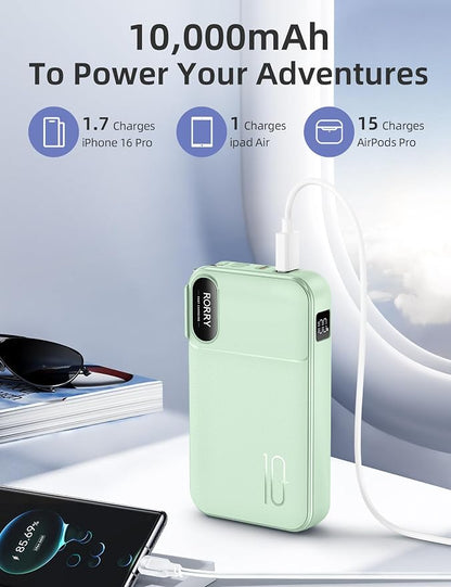RORRY Portable Charger w/Wall Plug 10000mAh Power Bank 22.5W Battery Pack | Built in Cables, Fast Charging, for iPhone, iPad, Samsung Galaxy, Pixel, LG, Travel Essential, Digital Display, Pocket Size