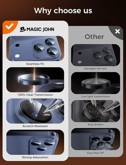 MAGIC JOHN for iPhone 17 Pro Camera Lens Protector 6.3'', HD Clear, Magnetic Tempered-Glass Lens Film, Ultra-Tough, Anti-Scratch, Case Friendly, 2 Pack,Blue