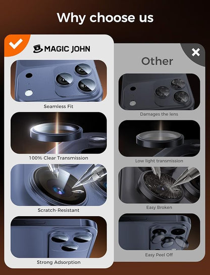 MAGIC JOHN for iPhone 17 Pro Max Camera Lens Protector 6.9'', HD Clear, Magnetic Tempered-Glass Lens Film, Ultra-Tough, Anti-Scratch, Case Friendly, 2 Pack, Blue