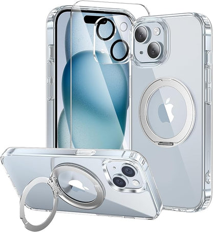 3 in 1 for iPhone 15 Case Stand |Build in Kickstand,Screen Protector *1 & Camera Lens Protector*1, Not Yellowing, Fits MagSafe, Military-Grade Protection