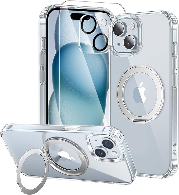 3 in 1 for iPhone 15 Plus Case Stand |Build in Kickstand,Screen Protector *1 & Camera Lens Protector*1, Not Yellowing, Fits MagSafe, Military-Grade Protection