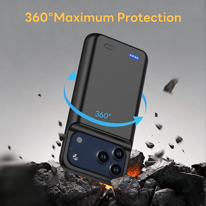 Battery Case for iPhone 17 Pro, Ultra-Slim 7000mAh Portable Extended Charging Charger Case, Rechargeable Battery Pack with Tempered Glass Screen Protector Glass Film for iPhone 17 Pro (6.3 inch)-Black