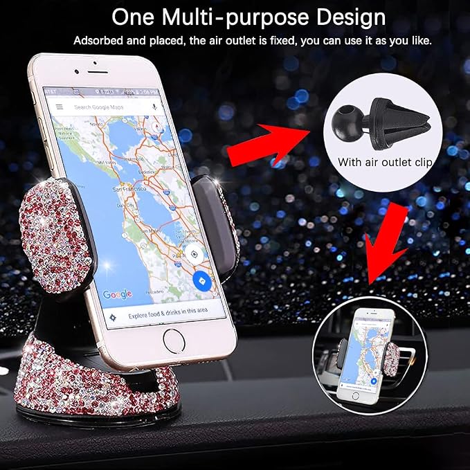 SUNCARACCL Bling Car Phone Holder, 360°Adjustable Crystal Auto Phone Mount Universal Rhinestone Car Stand Phone Holder Car Accessories for Windshield Dashboard and Air Outlet (Pink)