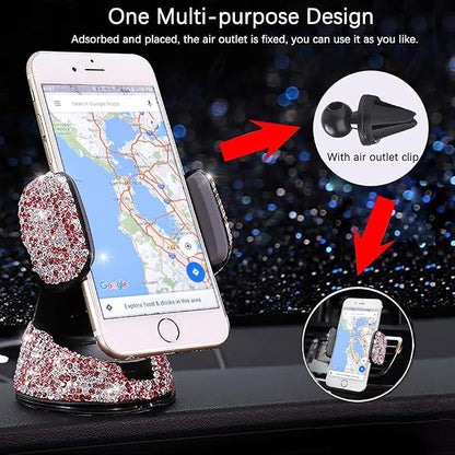 SUNCARACCL Bling Car Phone Holder, 360°Adjustable Crystal Auto Phone Mount Universal Rhinestone Car Stand Phone Holder Car Accessories for Windshield Dashboard and Air Outlet (Pink)