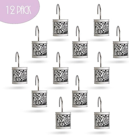 Creative Scents Crackled Glass Silver Shower Curtain Hooks Decorative - Set of 12 Shower Curtain Rings for Bathroom Shower Rod - Elegant Crackled Glass Shower Curtain Hooks