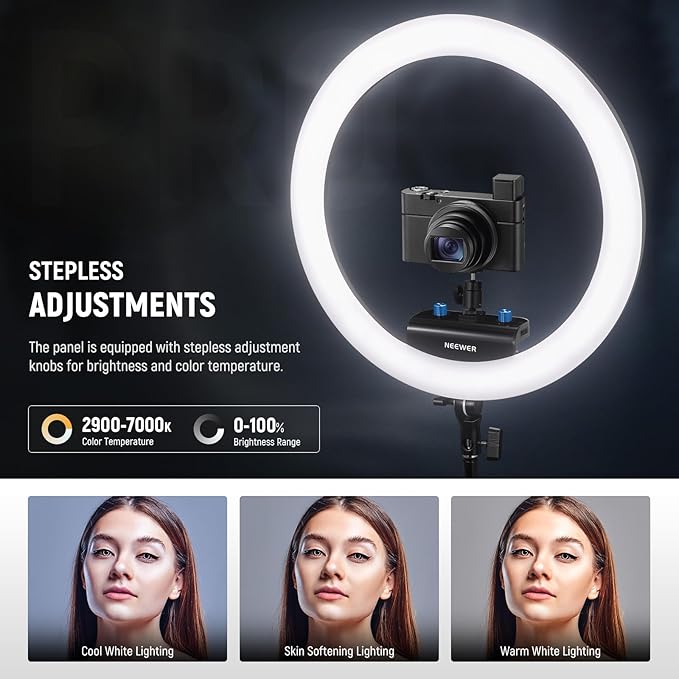 NEEWER RP18B Pro Ring Light 18" with Tripod Stand and Phone Holder Compatible with iPhone, 45W 2900K-7000K App Control Cleaning Cloth, Selfie Video Recording Makeup Studio Streaming Lighting, Black