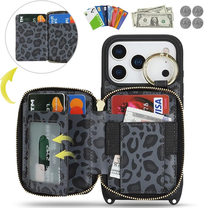 Crossbody Wallet Case for iPhone 17 Pro, PU Leather Zipper Handbag Purse Flip Cover, Kickstand Folio Case with Card Slots Holder Wrist Strap Lanyard 5G 6.3 Inch-Black Leopard
