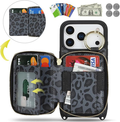 Crossbody Wallet Case for iPhone 17 Pro, PU Leather Zipper Handbag Purse Flip Cover, Kickstand Folio Case with Card Slots Holder Wrist Strap Lanyard 5G 6.3 Inch-Black Leopard