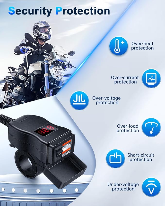 EXTRACTME Motorcycle USB Charger, Dual USB Quick Charge 3.0 Motorcycle Phone Charger with Voltmeter & ON/Off Switch, Waterproof Motorcycle Accessories for All Phone, Tablet, GPS (Red)