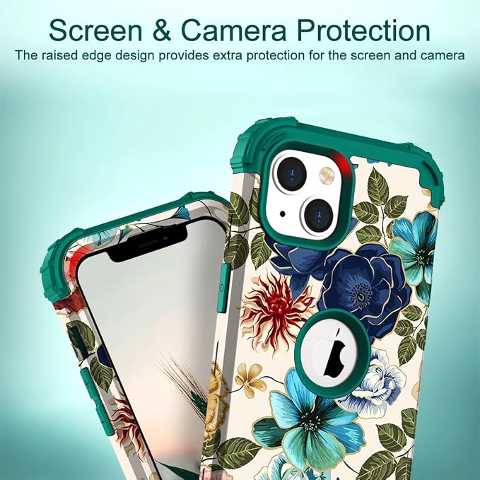 Hocase for iPhone 14 Case/iPhone 13 Case, Heavy Duty Shockproof Protection Soft Silicone Rubber+Hard Plastic Bumpers Hybrid Protective Case for iPhone 13/14 (6.1") - Teal Flowers