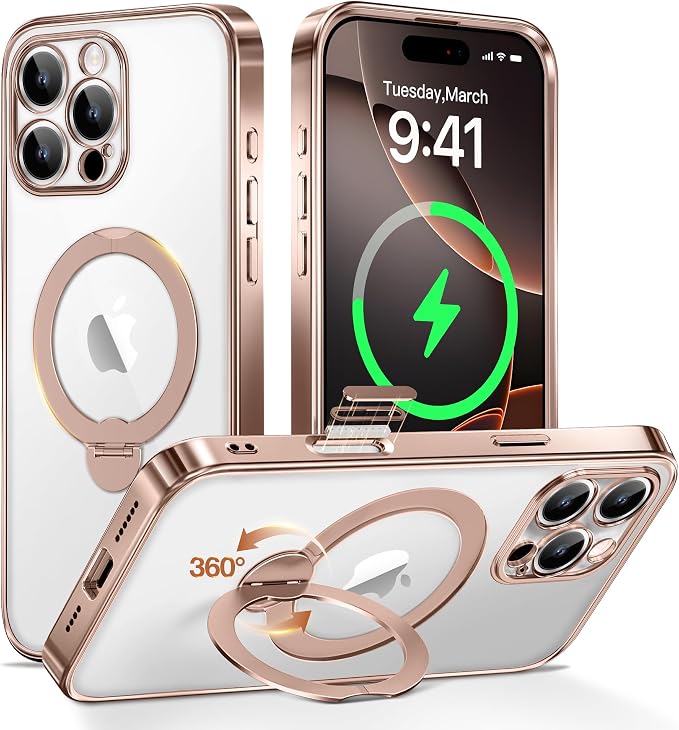 Desert Titanium for iPhone 16 Pro Case With 360° Spin Magnetic Stand,[Compatible With Magsafe] [Military Protection][Built-in Ring Holder]Camera Control Phone Case for 16 Pro,Rose Gold/Clear