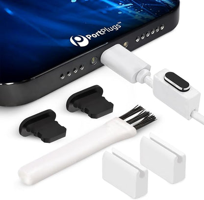 PortPlugs Aluminum Dust Plugs – Compatible with Lightning for iPhone 14, 13, 12, 11, XS, XR, X, 8, 7, Plus, Max, Pro & iPad – Port Covers with Holders & Cleaning Brush | Black (2-Pack)