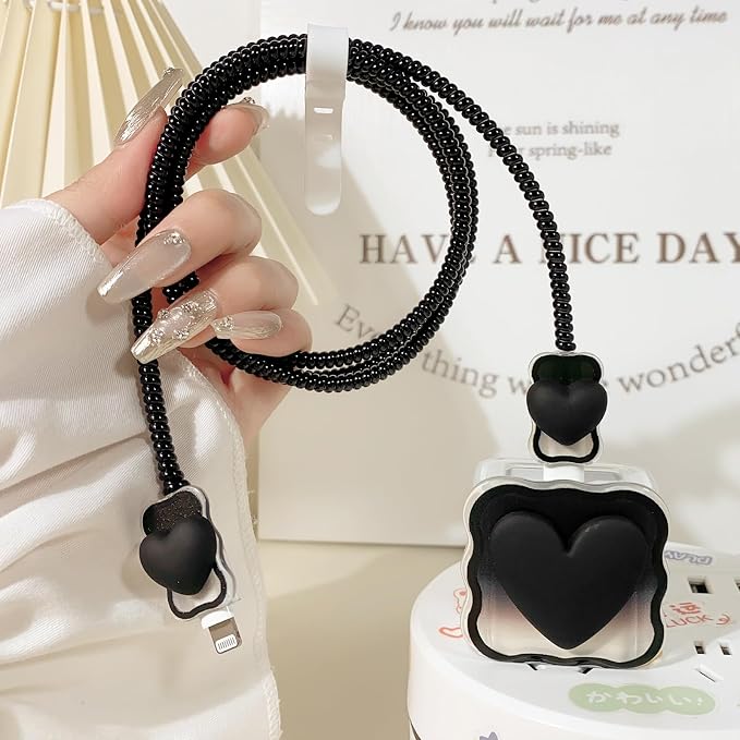 Lovmooful Compatible for iPhone 18W/20W USB-C Charger Cover Clear Lovely 3D Love Heart with Waves Design Soft Charger Protector Cute Cable Case Saver Protector for Girls Women-(Black Heart) 2