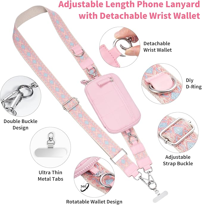 Tiostep Clip and Go Strap for Phone with Wallet Crossbody Phone Lanyard with Anti-Theft Zipper Pouch Detachable Quilted Wrist Wallet with RFID and ID Window for Daily Travel.
