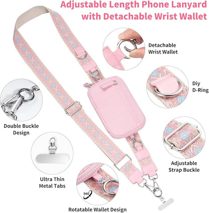 Tiostep Clip and Go Strap for Phone with Wallet Crossbody Phone Lanyard with Anti-Theft Zipper Pouch Detachable Quilted Wrist Wallet with RFID and ID Window for Daily Travel. Pink Large