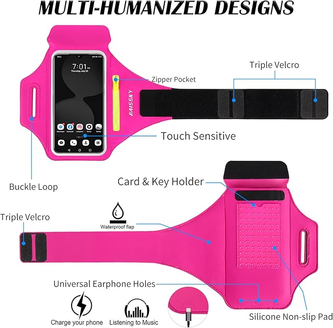 Running Armband with Earphone Bag Cell Phone Armband for iPhone 17 16 15 Pro 14 Plus 13 11 XR, Galaxy S24/S10 Water Resistant Sports Phone Holder Case & Zipper Slot Car Key Holder for 6.7 inch Phone