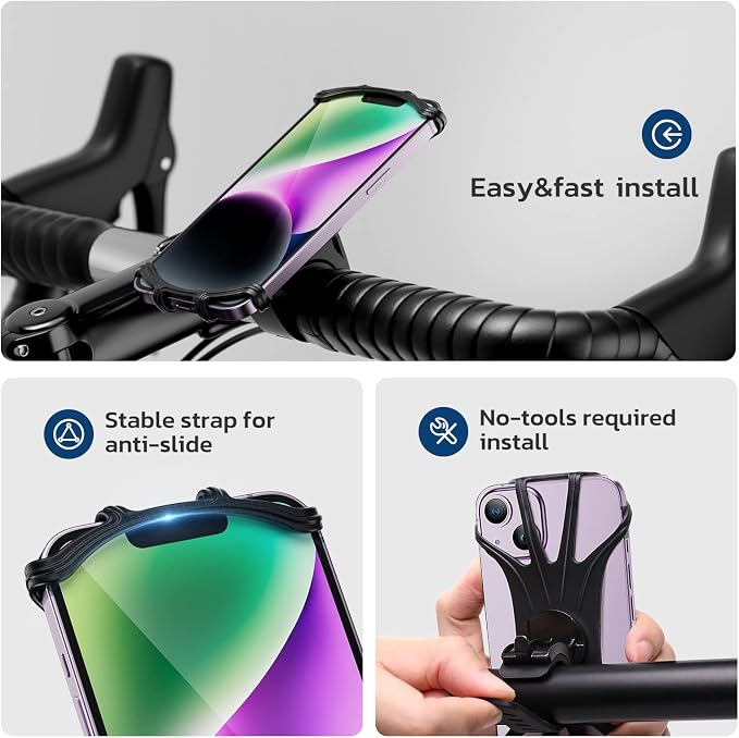 VUP Bike Phone Mount, Universal Bike Cell Phone Holder, 360° Rotatable, Silicone Bicycle Phone Mount Compatible with iPhone 15/14/13/Pro Max/Pro/mini/12/11/Xs/Max/Xr/X/7/8/Plus, 4.0''~6.7'' Cellphones