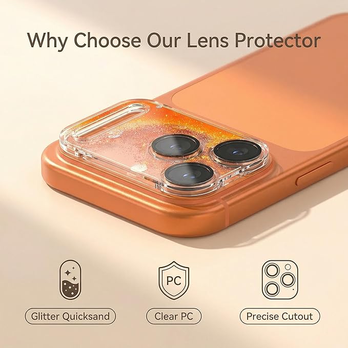 HANKN Quicksand Lens for iPhone 17 Pro Max Camera Lens Tempered Glass Protector, Ultra HD Clear 9H Hardness Anti-Scrach Dynamic Liquid Glitter Sand Cute Cover Strong Adsorption Case Friendly (Orange, iPhone 17 Pro Max)