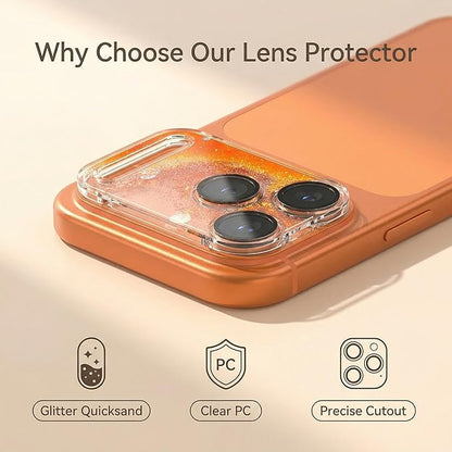 HANKN Quicksand Lens for iPhone 17 Pro Max Camera Lens Tempered Glass Protector, Ultra HD Clear 9H Hardness Anti-Scrach Dynamic Liquid Glitter Sand Cute Cover Strong Adsorption Case Friendly (Orange, iPhone 17 Pro Max)