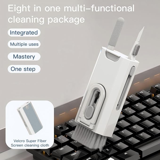 Keyboard Phone Screen Cleaner for PC Computer Electronic Laptop Macbook, Camera Lens, iPad iPhone Airpods Earbud Charging Port Cleaning Kit, Gamer Gifts Gadgets Tools Accessories, 8-in-1 White