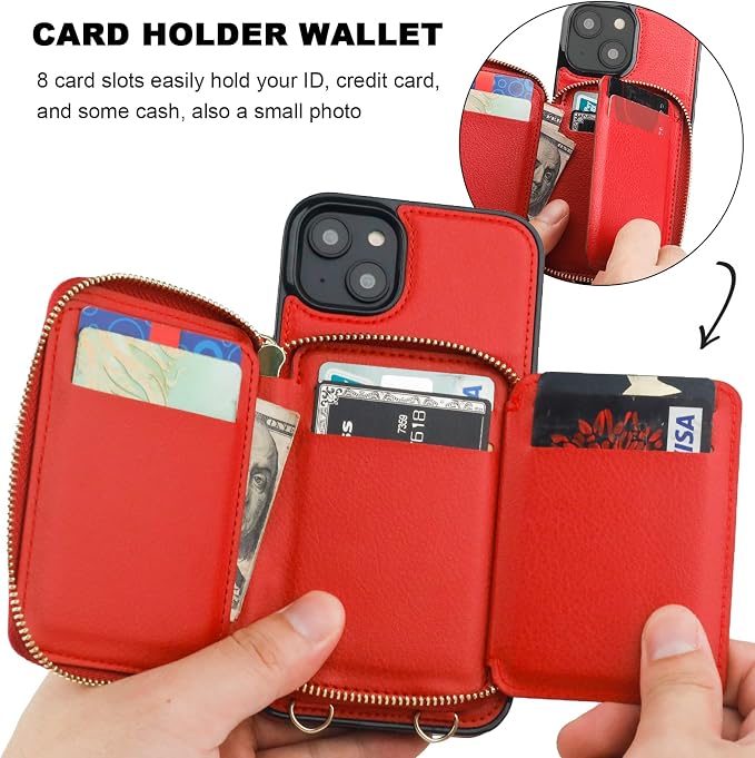 Bocasal RFID Blocking Wallet Case for iPhone 14 Plus, Adjustable Crossbody Zipper Purse Case Card Holder with Kickstand Detachable Wrist Strap, PU Leather Flip Folio Case 6.7 Inch 5G (Red)