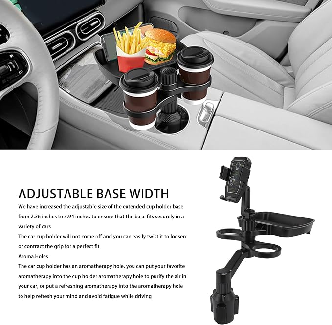 VBESTLIFE 4 in 1 Car Cup Holder Expander Tray, Car Cup Holder + Phone Mount + Food Tray Multifunctional Cup Holder Tray with 360° Rotation Base, for Truck RV Driver Road