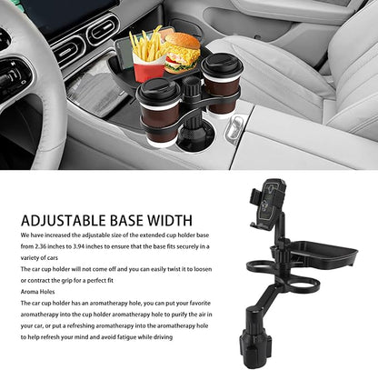 VBESTLIFE 4 in 1 Car Cup Holder Expander Tray, Car Cup Holder + Phone Mount + Food Tray Multifunctional Cup Holder Tray with 360° Rotation Base, for Truck RV Driver Road
