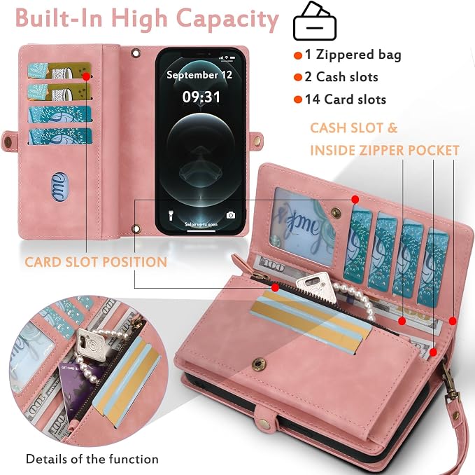 for Wallet Case Compatible with iPhone 12 Pro Max,Multi-Function Detachable 2 in 1 Magnetic iPhone 12 Pro Max Case Wallet,Flip Strap Zipper Card Holder Phone Case with Shoulder Straps (Pink)