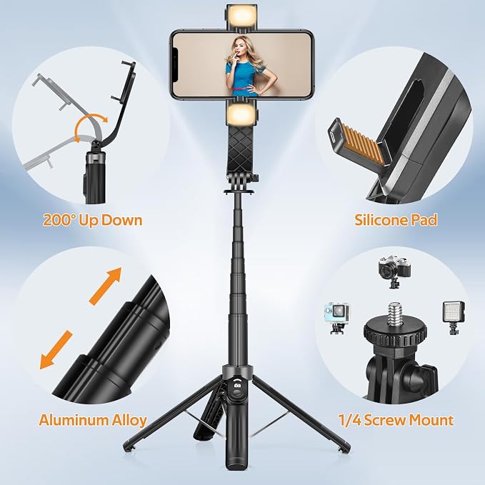 UTEBIT Selfie Stick Tripod for iPhone, 40" Lightweight Phone Tripod Stand with Light & Bluetooth Remote, 3 Light Modes Extendable Selfie Stick Compatible with All iPhone/Android, All-in-1, Black